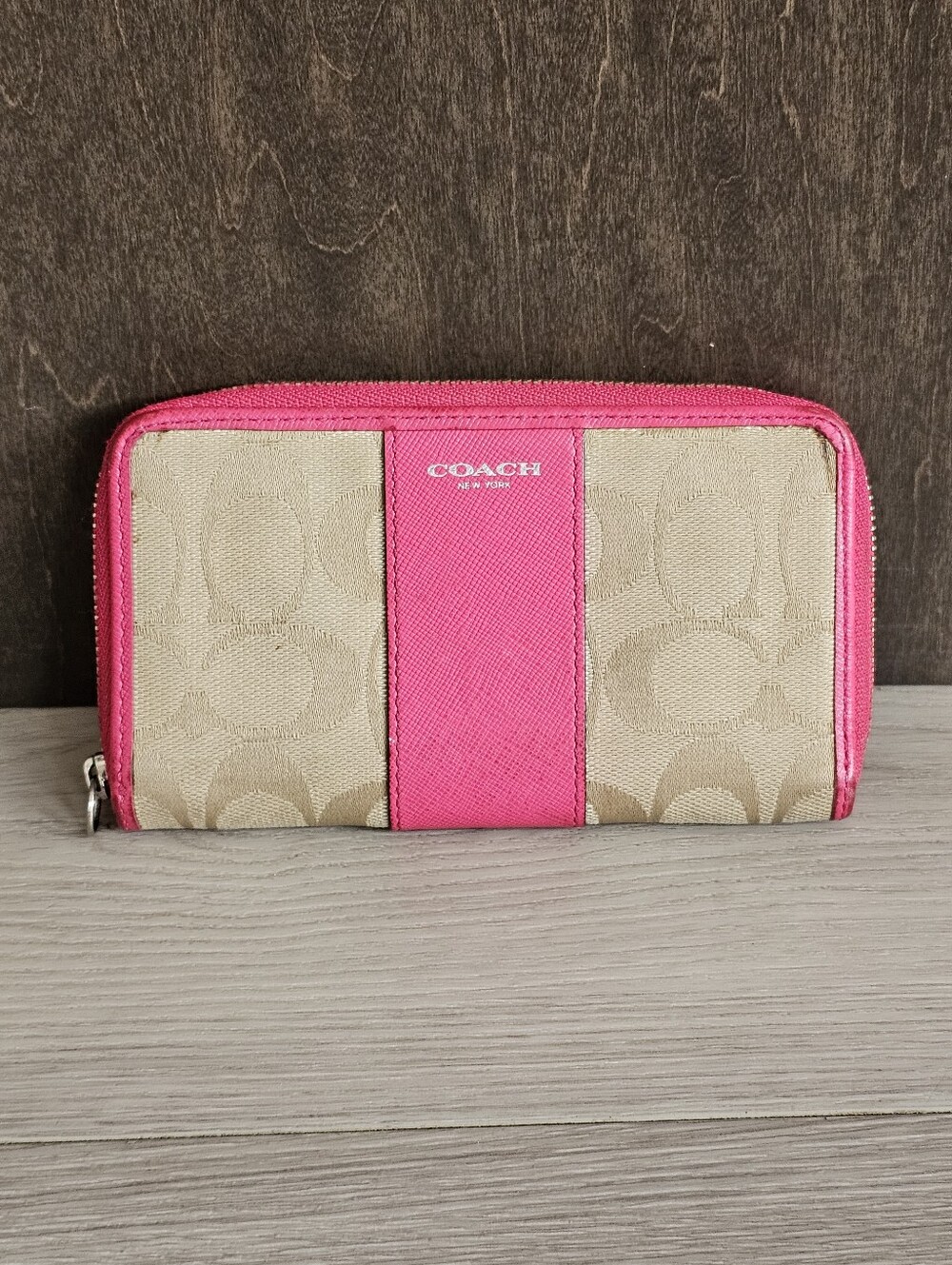 Coach Signature Canvas & Leather Zip Around Wallet in Khaki/Dahlia Pink *Read